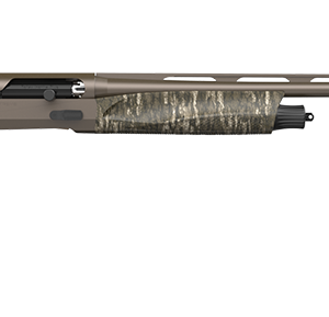 Camouflage pump-action shotgun on white background