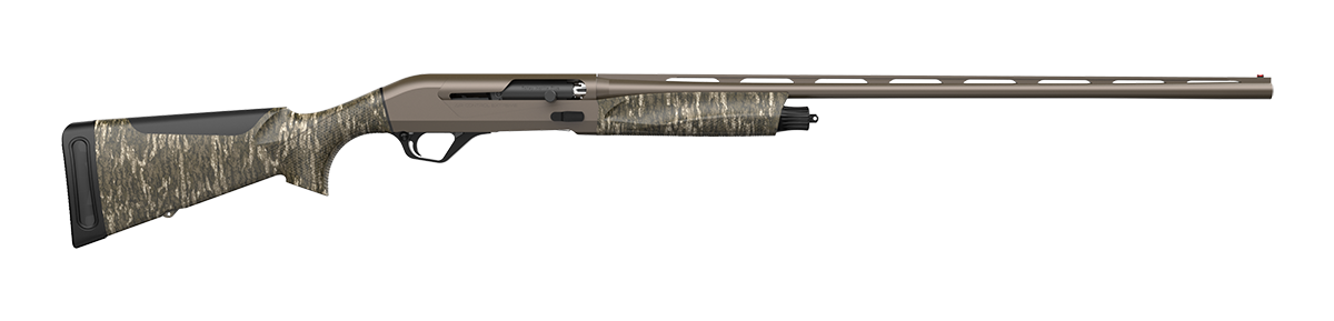 Camouflage-stock shotgun with long barrel on white background