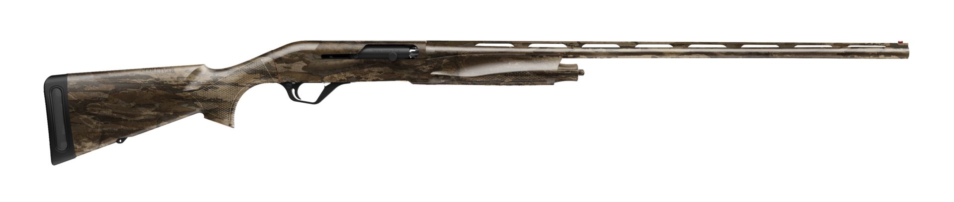 Camouflage semi-automatic shotgun on white background