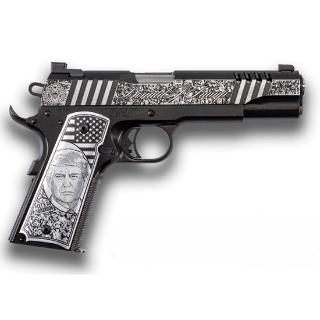 Engraved semi-automatic pistol with portrait grip
