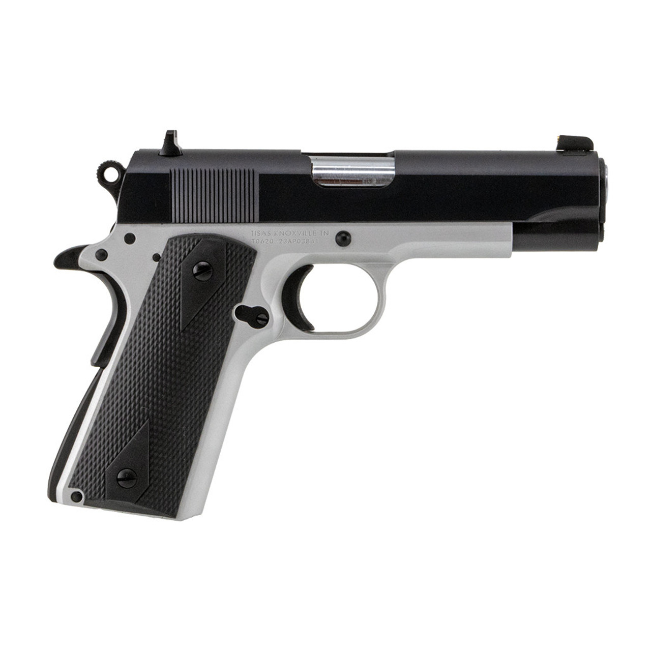 Black and silver semi-automatic handgun on white background