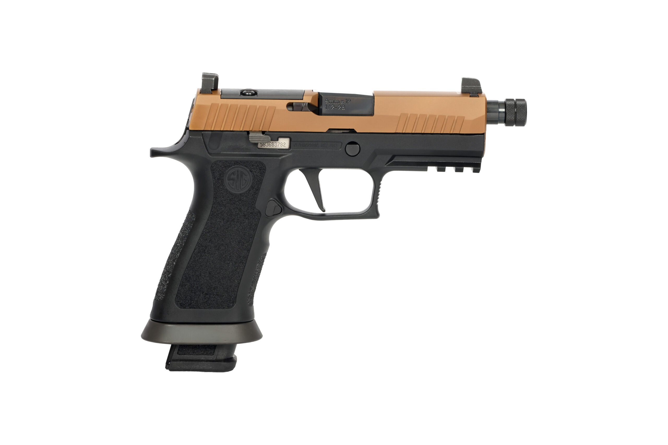 Black and tan semi-automatic pistol with threaded barrel