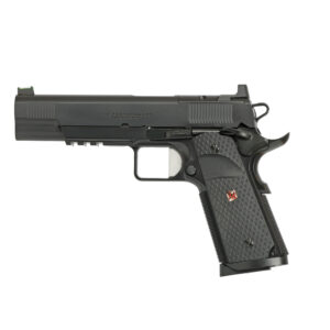 Black semi-automatic pistol on white background
