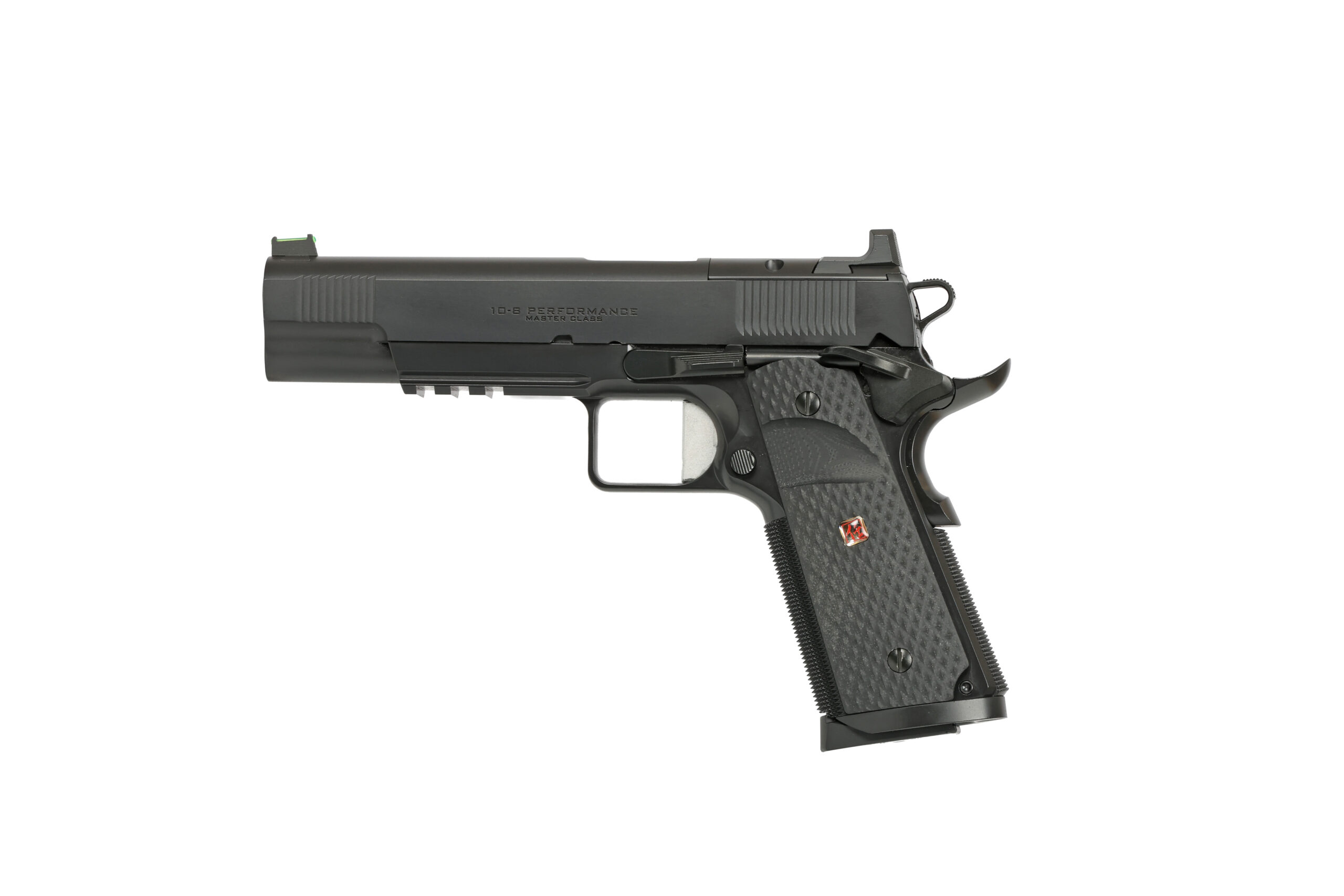 Black semi-automatic pistol on white background