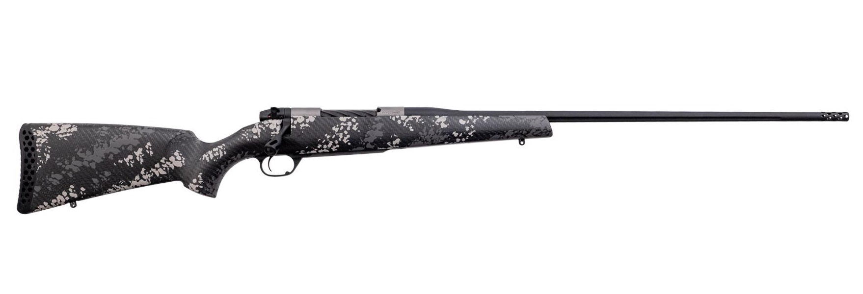 Camouflage bolt-action rifle on white background