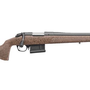 Bolt-action rifle with textured brown stock