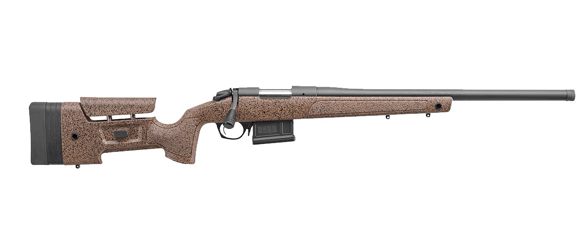 Bolt-action rifle with textured brown stock