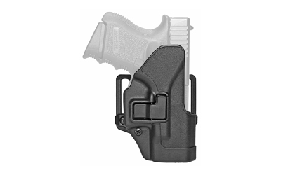 Black handgun holster with pistol inserted
