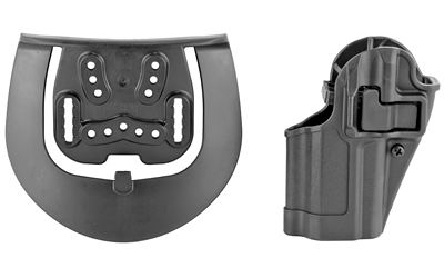 Black polymer handgun holster with paddle attachment