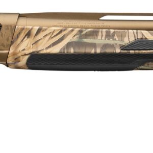 Camouflage pump-action shotgun on white background