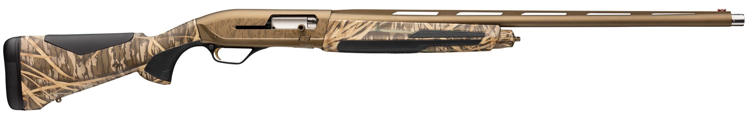 Camouflage pump-action shotgun on white background
