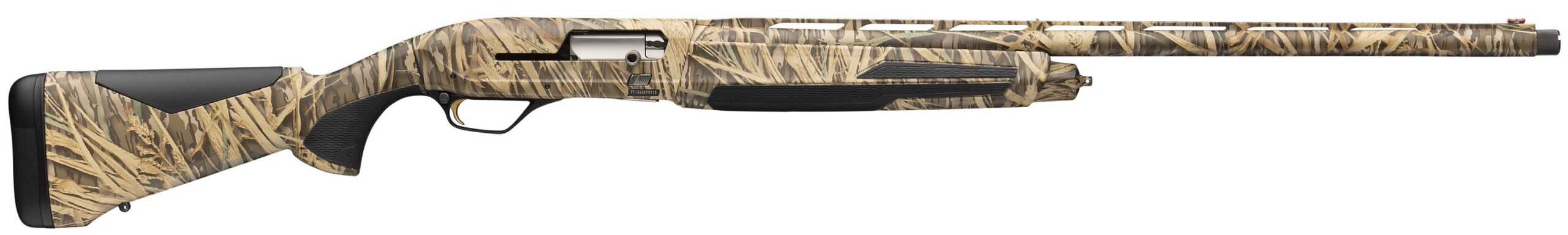 Camouflage-patterned semi-automatic shotgun on white background