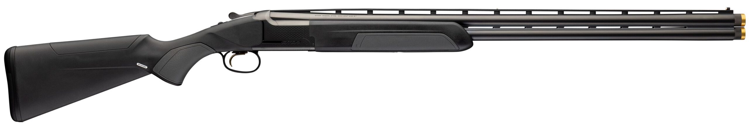 Black triple-barrel shotgun on white background