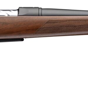 Bolt-action rifle with wooden stock on white background