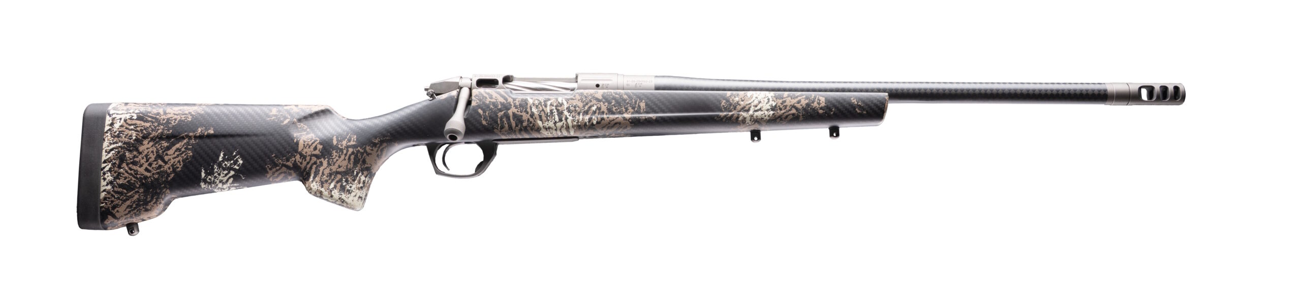 Camouflage bolt-action rifle on white background
