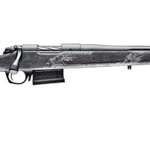 Bolt-action rifle with camo stock and long barrel