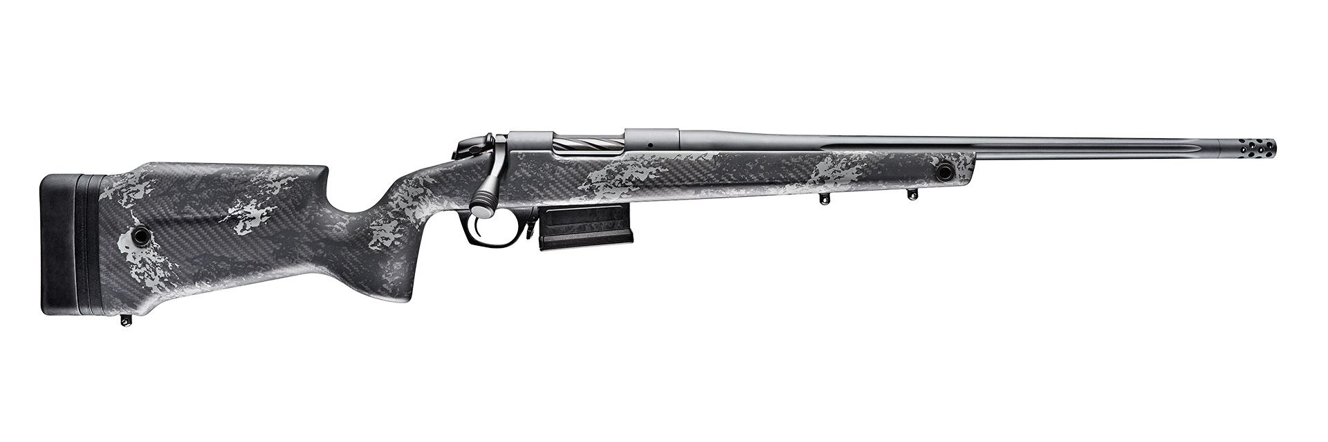 Bolt-action rifle with camo stock and long barrel