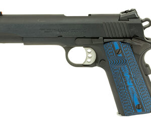 Black semi-automatic pistol with blue textured grip