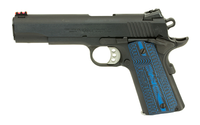 Black semi-automatic pistol with blue textured grip