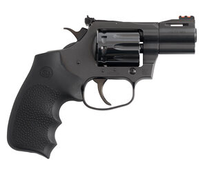 Black revolver handgun on white background