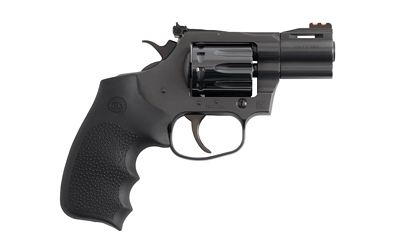 Black revolver handgun on white background