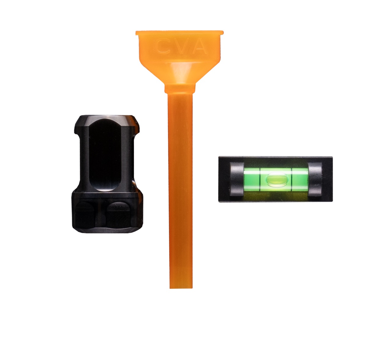 Orange funnel, black cap, and bubble level