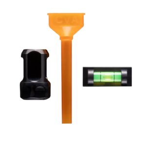 Black tool, orange funnel, and bubble level
