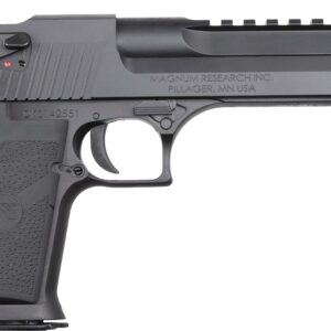Black semi-automatic handgun on white background