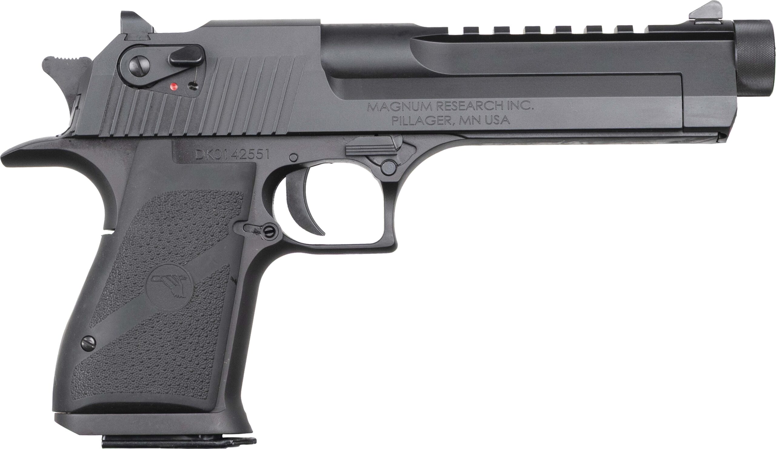 Black semi-automatic handgun on white background