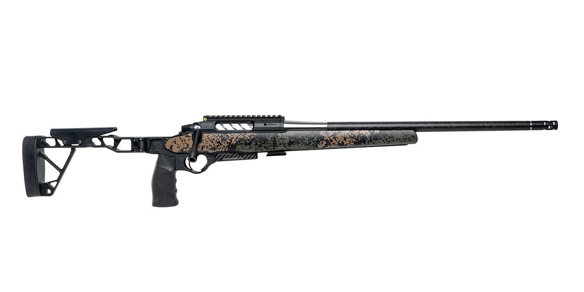 Bolt-action rifle with camo stock and long barrel
