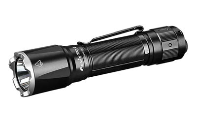 Black Fenix tactical LED flashlight on white background