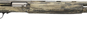 Camouflage pump-action shotgun on white background