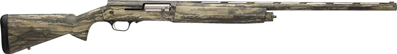 Camouflage pump-action shotgun on white background