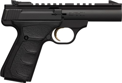 Black semi-automatic handgun on white background