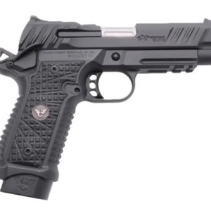 Black semi-automatic pistol on white background