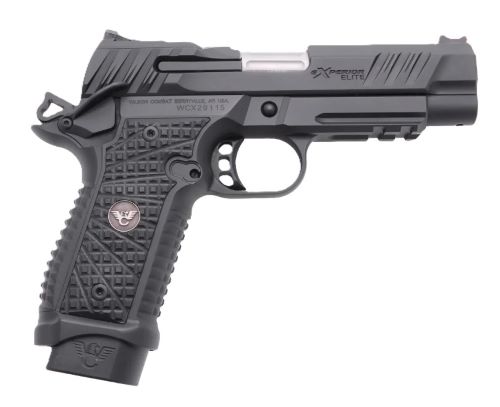 Black semi-automatic pistol on white background