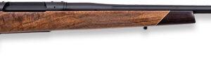 Bolt-action rifle with wooden stock and long barrel