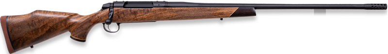 Bolt-action rifle with wooden stock and long barrel