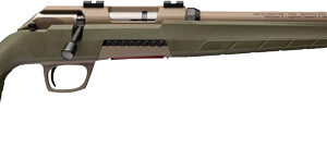 Tan bolt-action hunting rifle with synthetic stock