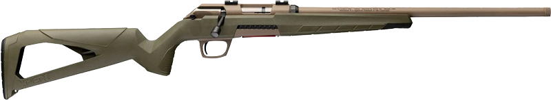 Tan bolt-action hunting rifle with synthetic stock