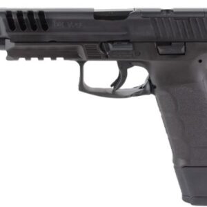 Black semi-automatic handgun, side profile view