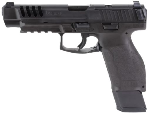 Black semi-automatic handgun on white background