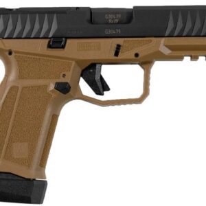 Tan and black semi-automatic handgun side view