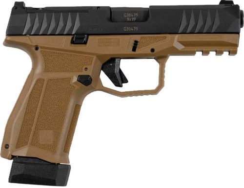 Tan and black semi-automatic handgun side view