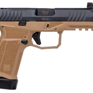 Tan and black semi-automatic pistol with threaded barrel