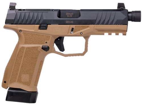 Tan and black semi-automatic pistol with threaded barrel