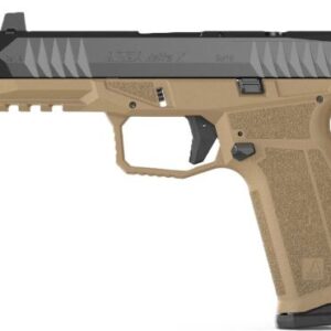 Tan and black semi-automatic pistol with threaded barrel