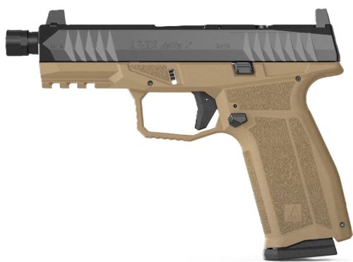 Tan and black semi-automatic pistol with threaded barrel