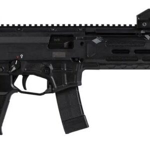 Compact black tactical firearm on white background
