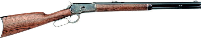 Lever-action rifle with wooden stock on white background